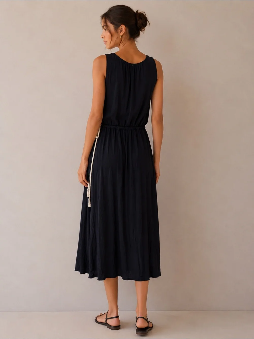 J.Crew Sleeveless Navy Midi Dress with Rope Tie Waist Casual Resort Dress Size L